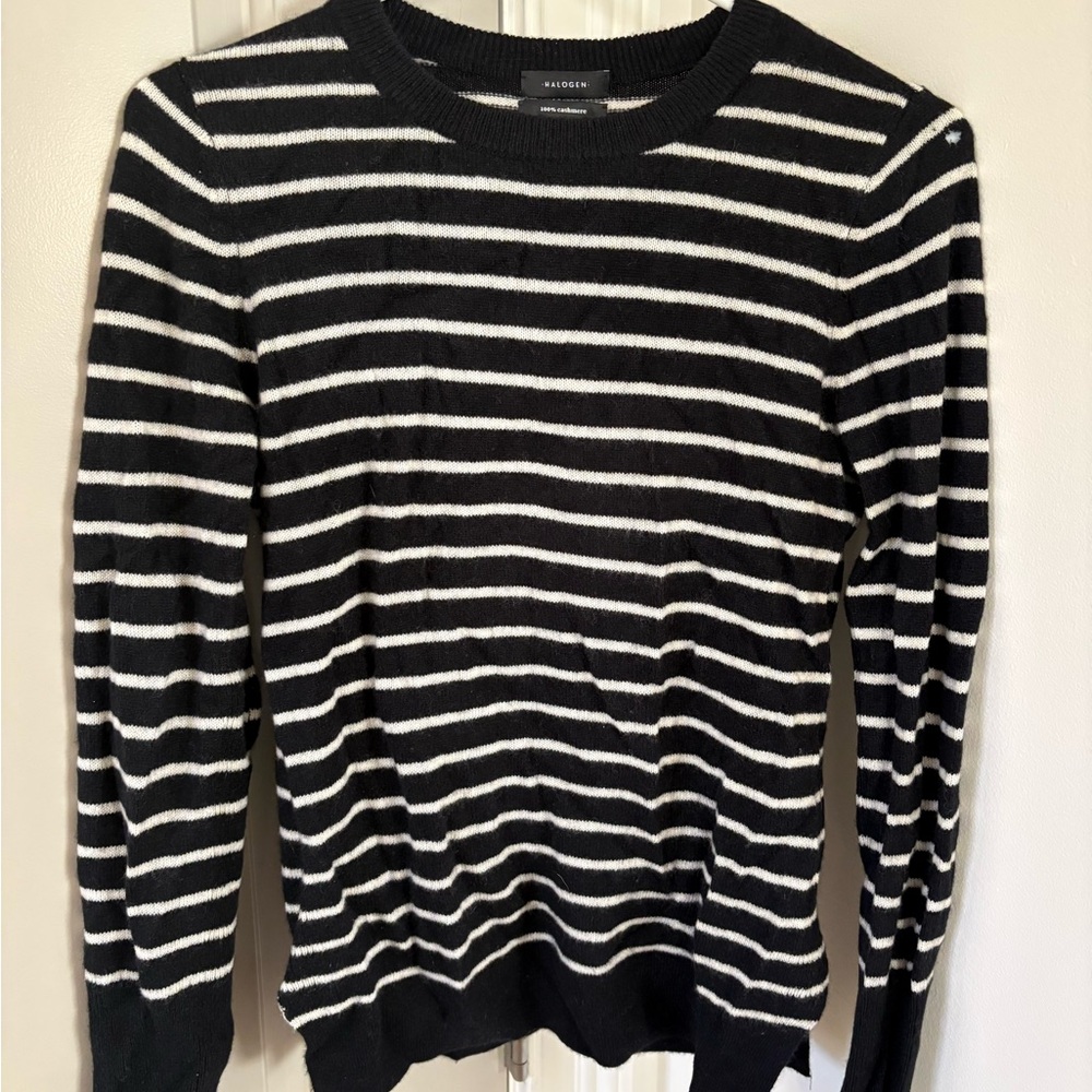 Halogen Black and White Striped Crewneck Sweater - 100% Cashmere